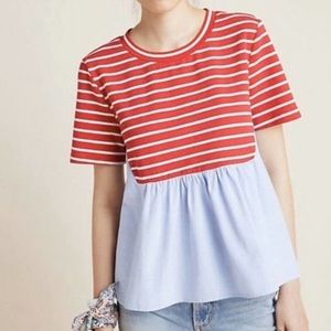 Anthropologie Red, White, and Chambray Peplum Top